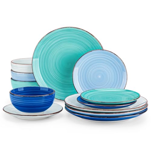 vancasso Bonita Dinnerware Sets 12 Pieces for 4, Ceramic Dishes Set Blue | Hand-Painted Spiral Plates and Bowls Set, Modern Kitchen Plate Set-Microwave and Dishwasher Safe (Blue,12 Pcs) - color: Bonita Blue, size: Service for 4 (12 pcs)