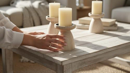 Candle Holders for Pillar Candles (Medium Set of 3) - Mangowood Candle Holder Wood - Farmhouse Wooden Candle Holders - Floor Candle Stand for Fireplace