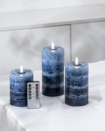 Stmarry Gradient Navy Blue Flameless Candles with Remote and Timer, Real Wax Made LED Pillar Candles Battery Operated with 3D Flickering Flame, 3" x 4",5",6", Navy Blue Decor, Set of 3 - color: Gradient Navy Blue