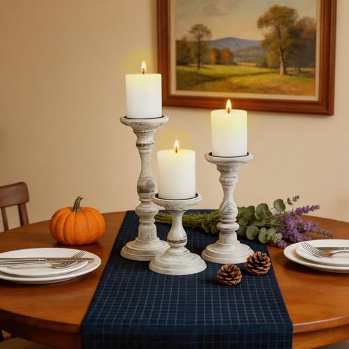 Rustic Distressed Wooden Candle Holder Set of 3 for Pillar Candles, Farmhouse Wood Candle Stands for Table Centerpieces & Living Room Home Decor (Rubber Wood(Distressed White))