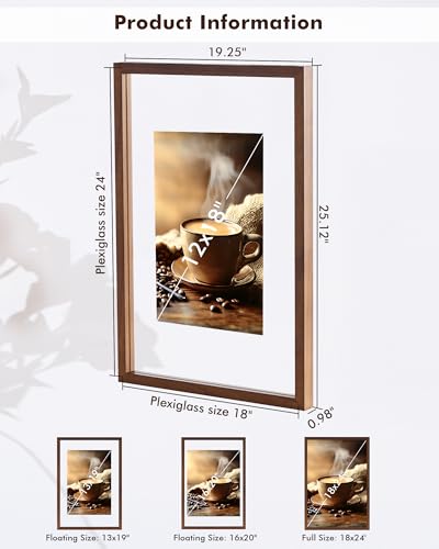 DLQuarts 18x24 Floating Picture Frame for 16x20/13x19/12x18/11x14 Photos, 2-Pack Solid Wood Double Plexiglass Wall Art Frames, Any Size Photo up to 18x24 Display, Black Walnut - color: Black Walnut, size: 18x24