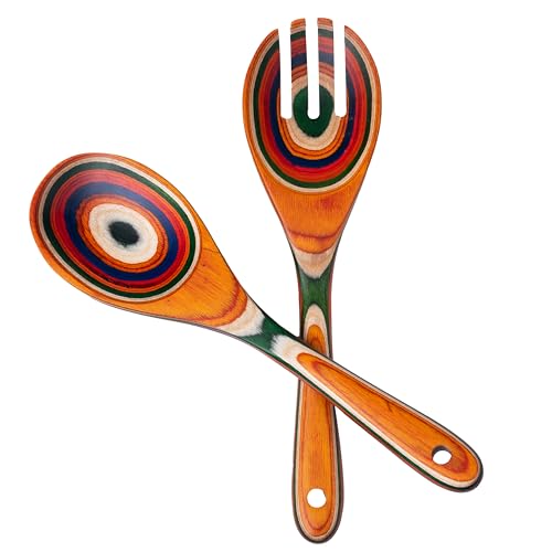 Pakkawood Salad Tongs,10.5 inch wooden Spoons, Serving utenstil colorful wood Salad Servers set, Kitchen cooking utensil set. - color: Pakkawood