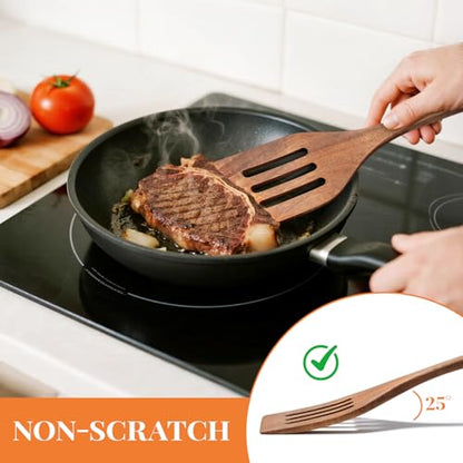 MORGLES 3Pcs Acacia Wood Spatula Set, Non-Scratch 12" Cooking Turner | Acacia wood, non-scratch for nonstick/cast iron, 3-pc w/ scraper, 12" ergo handle, flips/stirs/scrapes, gift - color: Acacia Dark Brown