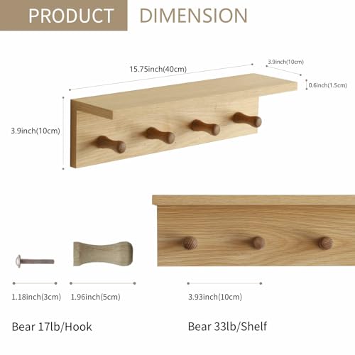 Small Entryway Shelf with Hooks, Wall Mounted Coat Rack with Shelf for Small Spaces, Wooden Floating Wall Organizer for Entryway, Mudroom, Nursery, Bathroom & Kitchen (Oak Finish) - color: Oak Finish