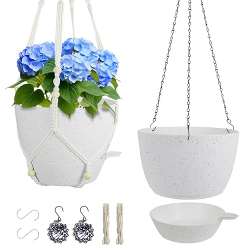 Meowell 10 inch Self Watering Hanging Planters, 2 Pack Hanging Baskets for Indoor Outdoor Plants, Hanging Flower Pots with Drainage Holes and 2 Kinds of Plant Hangers for Garden Decor, Speckled White - color: White With Black Speckles