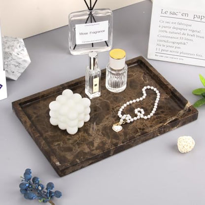 Marble Bathroom Vanity Tray, Dark Brown, 12" x 8" x 0.8" | Home Kitchen Bathroom Tray, Natural Stone Decorative Countertop Trays, Soap Dispenser Perfume Key Trinket Ring Tray - color: Dark Brown