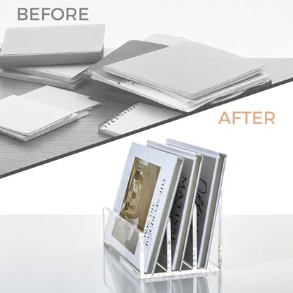 3 Compartments Clear Acrylic Mail Holder – Vertical Letter Sorter & Multifunction Desk Organizer for Bills, Documents, Notebooks – Modern Office/Home Envelope File Rack - size: 3 Compartments