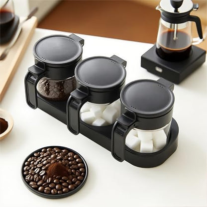 3 Pack Airtight Glass Spice Jars with Spoons, Lead-Free Condiment Container Set with Silicone Seal Ring, Honey Dippers, Tray, Labels and Wall Mount Adhesive for Sugar, Salt, Coffee Bar, Black - color: BLACK