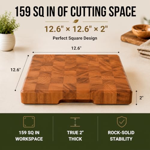 SHUMARU Mahogany End Grain Cutting Board 12.6×12.6×2 in with Holder – Handmade Checkered Butcher Block, Knife-Friendly, Non-Slip Feet, Ergonomic Handles - color: Mahogany | End Grain, size: 12.6"L x 12.6"W x 2"T