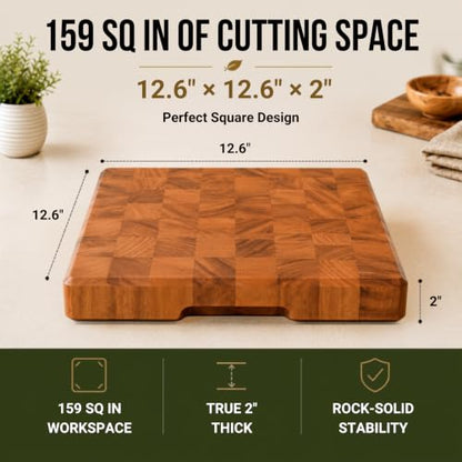 SHUMARU Mahogany End Grain Cutting Board 12.6×12.6×2 in with Holder – Handmade Checkered Butcher Block, Knife-Friendly, Non-Slip Feet, Ergonomic Handles - color: Mahogany | End Grain, size: 12.6"L x 12.6"W x 2"T