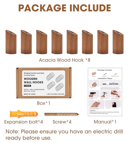 Wooden Wall Hooks 8 Pack, Handmade Wooden Coat Hooks Wall Mounted - Farmhouse Rustic Entryway & Bathroom Hooks for Hats, Towels, Bags, Clothes, Fits Drywall, Acacia Wood - color: Acacia Wood, size: Angled 8-Pcs