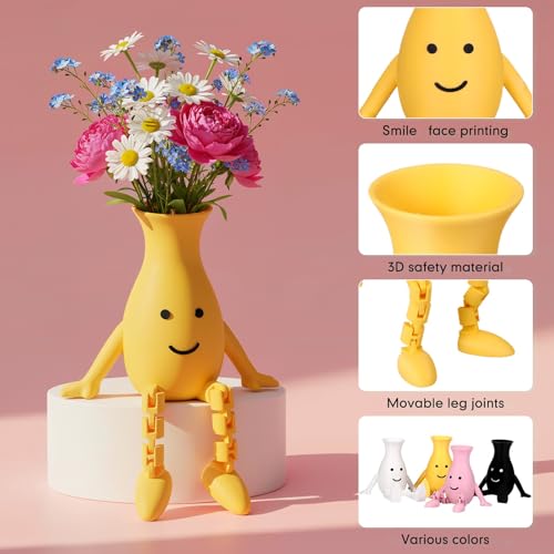 Honoson 4 Pcs 3D Printed Smile Face Planter Pot, Cute Plant Pots for Indoor Outdoor, Unique Sitting Pot with Movable Leg, Funny Flower Pots Gifts for Mother and Appreciation Christmas