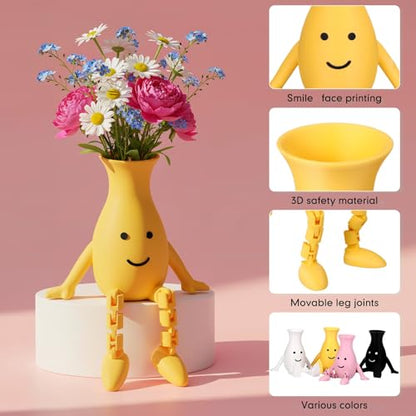 Honoson 4 Pcs 3D Printed Smile Face Planter Pot, Cute Plant Pots for Indoor Outdoor, Unique Sitting Pot with Movable Leg, Funny Flower Pots Gifts for Mother and Appreciation Christmas
