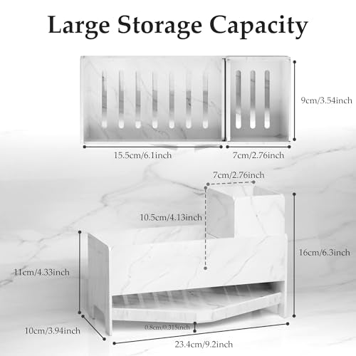 TIDIIABODE Sink Caddy Organizer for Kitchen Counter - White Marble Acrylic Sponge & Soap Bar Holder with Brush Slot, 9.2" Wide Countertop Storage Rack, Self-Draining, Rustproof