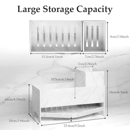 TIDIIABODE Sink Caddy Organizer for Kitchen Counter - White Marble Acrylic Sponge & Soap Bar Holder with Brush Slot, 9.2" Wide Countertop Storage Rack, Self-Draining, Rustproof