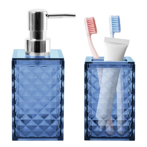2 PCS Bathroom Accessory Set, Blue Soap Dispenser and Toothbrush Holder | Blue Bathroom Accessories Sets for Modern Bathroom Decor, Plastic Bathroom Sets - color: Blue, size: 2 pcs