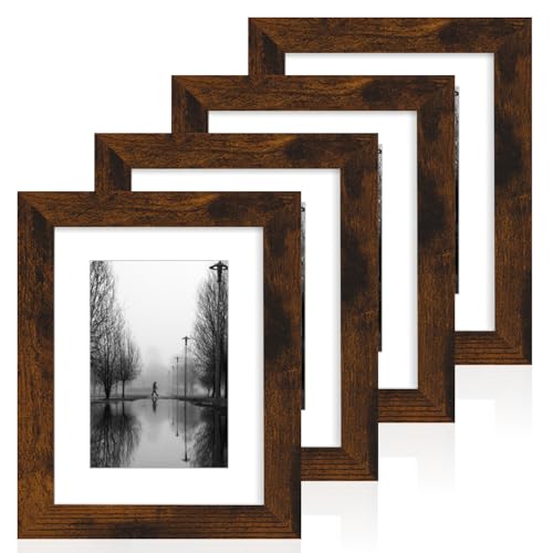 iRahmen 6x8 Picture Frame with Mat 4x6 - High Definition Real Glass Wooden Photo Frames for Tabletop Display and Wall Mounting (Dark Brown, Set of 4) - color: Dark Brown, size: 6X8
