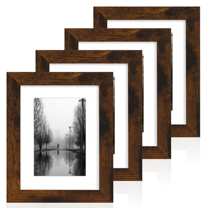 iRahmen 6x8 Picture Frame with Mat 4x6 - High Definition Real Glass Wooden Photo Frames for Tabletop Display and Wall Mounting (Dark Brown, Set of 4) - color: Dark Brown, size: 6X8