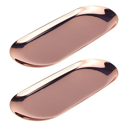 Dnyta 2Pcs Stainless Steel Decorative Tray, Decor Jewelry Dish Rose Gold | Bathroom Decor Makeup Serving Trays Cosmetics Home Decor for Dresser, Keys Watch Wallet Trinket (9"x3.7", Oval, Rose Gold) - style: Oval rose gold style (2pcs)