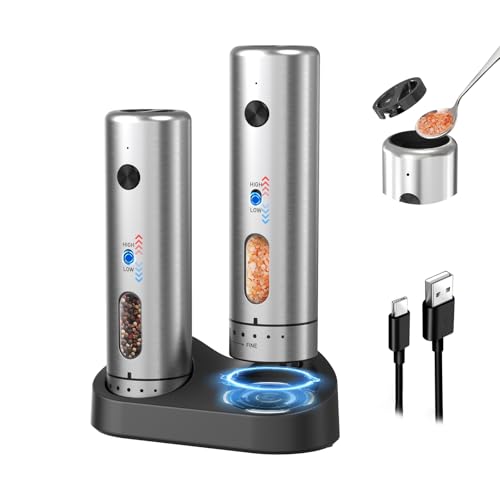CIRCLE JOY Electric Salt and Pepper Grinder Set with Rechargeable Base Upgraded Stainless Steel Automatic Salt and Pepper Shakers with 2 Grinding Speeds, External Adjustment and 110ml Capacity, Silver - color: External Adjustment Silver