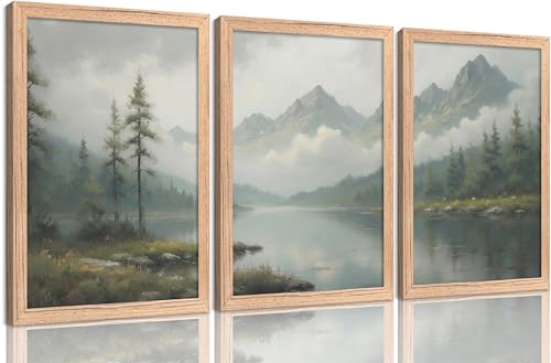 Framed Misty Mountain Lake Landscape Wall Art Set, Green Foggy Forest Picture Wall Decor, Nature Lake Oil Painting Canvas Prints, Natural Scenery Poster Artwork for Living Room Bedroom Office - color: Misty Forest, size: 16"Lx12"W