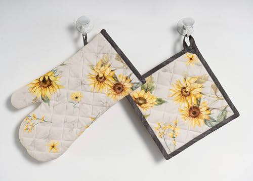 Maison d' Hermine Candice Bundle Set 100% Cotton Set of 3 Kitchen Towels (20 Inch by 27.5 Inch) and Oven Mitt (7.5 Inch by 13 Inch)/Pot Holder (8 Inch by 8 Inch)