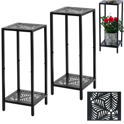Party Zealot 2 Packs of 2-Tier Tall Metal Square Plant Stand 31” Heavy-Duty Modern Flower Pot Rack for Indoor Living Room, Corner Side Table for Outdoor Patio, Garden Planter Holder, Black, Leaf - style: Leaf - 2 pack