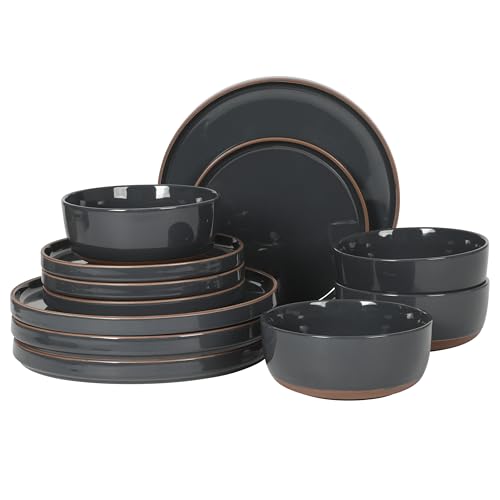 Gibson Elite Northrock Stoneware Dinnerware Set, 12-Piece Service for 4 Plates and Bowls Set – Charcoal Blue Dishes with Hand-Painted Terracotta Base - color: Blue (Northrock), size: Service for 4 (12pcs)