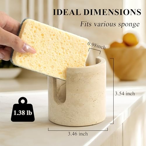 Natural Marble Sponge Holder, Travertine Stone Drying Rack for Kitchen Sink | 1.4 lb Handcrafted Stone Kitchen Sponge Holder with Anti-Slip Pad, Fast Drying Sink Caddy for Kitchen Counter Organizer - color: Travertine Beige