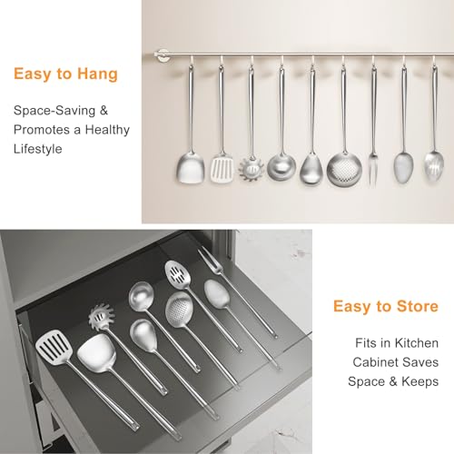 18/10 Stainless Steel Cooking Utensils Set,9 Pcs Professional All Metal Stainless Steel Kitchen Utensils Set with Wok Spatula,Soup Ladle,Skimmer,Slotted Spatula Turner, Large Spoon(Dishwasher Safe)