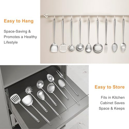 18/10 Stainless Steel Cooking Utensils Set,9 Pcs Professional All Metal Stainless Steel Kitchen Utensils Set with Wok Spatula,Soup Ladle,Skimmer,Slotted Spatula Turner, Large Spoon(Dishwasher Safe)