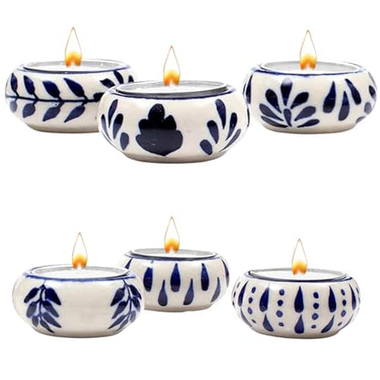 Ceramic Tealight Holder Set of 6 - Hand-Painted Candle Holders with Wax Tealights - Decorative Votive for Home, Party, Wedding, Festive & Gift Décor (White Blue) - ALPHA Living HOME