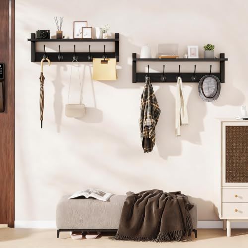YMYNY 47.2" Coat Rack Wall Mount with Shelf and 10 Hooks, Black UHWS004B-2 | 2 Pack Coat Hooks Wall Mount, Wood Wall Mounted Coat Rack with Hooks, Coat Hanger Wall Mount, Wall Hooks for Hanging - color: Black