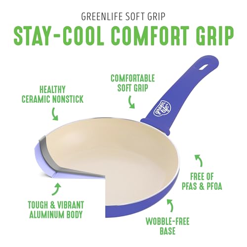 GreenLife 16 Piece Ceramic Nonstick Pots & Pans Cookware Set, Periwinkle | PFAS-Free Nonstick Coating, Stockpot, Frying Pans, Saucepans, Sauté Pan, Stay-Cool Handles, Dishwasher & Oven Safe up to 350F - color: Periwinkle, style: Soft Grip
