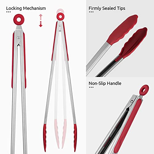 U-Taste 600ºF High Heat 16in Silicone Kitchen Tong and 600ºF Heat Resistant 13.76" Long, 3.63" Wide Wok Spatula for Kitchen Stir Fry (Red)