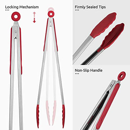 U-Taste 600ºF High Heat 16in Silicone Kitchen Tong and 600ºF Heat Resistant 13.76" Long, 3.63" Wide Wok Spatula for Kitchen Stir Fry (Red)