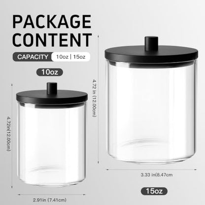 BKYFPQ 2 Pack Glass Qtip Holder Dispenser Set - 15oz & 10oz Apothecary Jars with Lids - Vanity Makeup Organizer and Bathroom Canister Storage Organizer for Cotton Ball, Swab, Round Pads,Floss