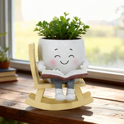 Smiley Face Planter Pot, Cute Resin Head Planter with Drainage Hole, Unique Rocking Chair Succulent Pot for Indoor Outdoor Plants, Funny Plant Lovers Gift for Mother's Day and Christmas (Side-Sitting) - size: 5.91x5.71x5.71"