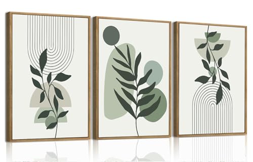 Boho Line Leaf Abstract Framed Canvas Wall Art Set of 3, 16x24 inch | Mid Century Abstract Wall Decor, Minimalist Line Leaf Prints, Bedroom Living Room Bathroom Art - color: Line Leaf, size: 16"x24"Natural