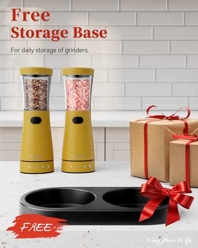 Electric Salt and Pepper Grinder Set with Storage Base, Stainless Steel Rechargeable Salt and Pepper Grinder Set with 4.5 oz Large Capacity, 1.8" Wide Mouth, Adjustable Coarseness, Ideal for Kitchen - color: Yellow
