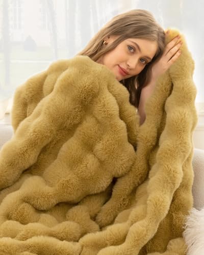 Ultra Soft Cozy Faux Fur Throw Blanket, Fuzzy Plush Thick Bubble Blanket, Oversize Luxury Fluffy Blanket for Couch, Bed, and Living Room, 60x80 Inches, Dark Yellow - color: Bubble Dark Yellow, size: Twin