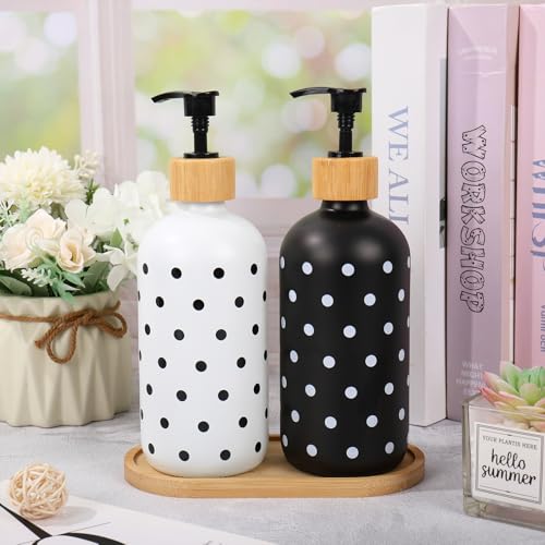 Whaline Dot Soap Dispenser Set Glass Soap Dispenser with Pump and Wooden Tray Refillable Liquid Container for Hands Dishes Party Home Kitchen Bathroom Decor (Black & White)