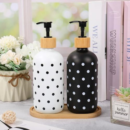 Whaline Dot Soap Dispenser Set Glass Soap Dispenser with Pump and Wooden Tray Refillable Liquid Container for Hands Dishes Party Home Kitchen Bathroom Decor (Black & White)