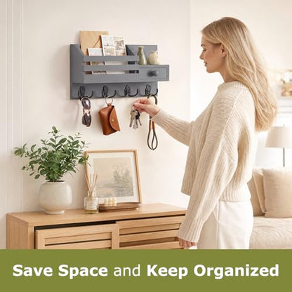 Key Holder Wall Mount, Wooden Key and Mail Organizer, Gray | 2 Mount Options, Includes 8 Hooks, Fence Mail Slot, Small Drawer and Shelf, for Entryway, Hallway, Doorway, Living Room, RV - color: Gray