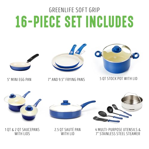 GreenLife 16 Piece Ceramic Nonstick Pots & Pans Cookware Set, Blue | PFAS-Free Nonstick Coating, Stockpot, Frying Pans, Saucepans, Sauté Pan, Stay-Cool Handles, Dishwasher & Oven Safe up to 350F - color: Blue, style: Soft Grip