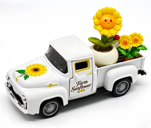 Sunflower Farmhouse Metal Truck Decor Load with Flower Figurines | Sunflower Kitchen & Tiered Tray & Shelf Decor Spring Summer Fall Decorations for Home Vintage Truck Table Centerpiece Gifts - color: Sunflower-white