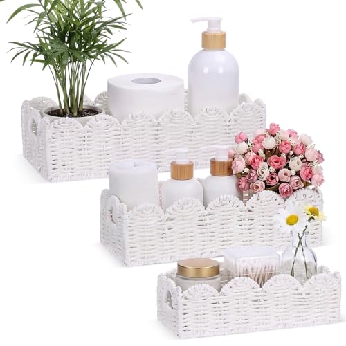Boao 3 Pcs Boho Storage Wicker Baskets Handmade Woven Decorative Paper Rope Baskets for Organizing with Handle Countertop Toilet Paper Storage Container for Toilet Tank Top (White,Fan-shaped) - color: White, style: Fan-shaped