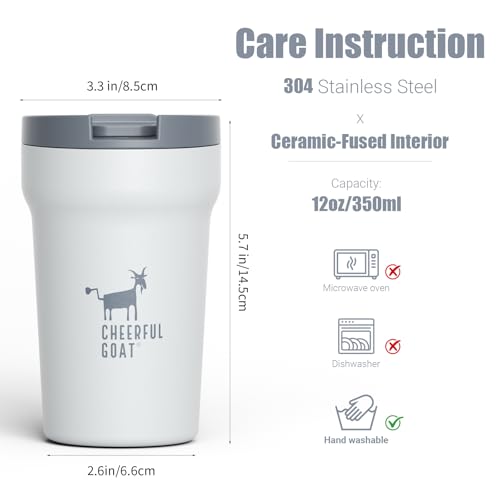 CHEERFUL GOAT Travel Coffee Mug – Stainless Steel Ceramic Lined Mug Insulated Tumbler, with lid, 12oz Leak Proof Cup for Hot and Cold Water Coffee at Home, Office, or On the Go (Grey) - color: Gray