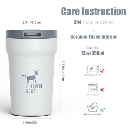 CHEERFUL GOAT Travel Coffee Mug – Stainless Steel Ceramic Lined Mug Insulated Tumbler, with lid, 12oz Leak Proof Cup for Hot and Cold Water Coffee at Home, Office, or On the Go (Grey) - color: Gray
