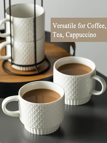 Gomakren Stackable 13oz Coffee Mugs Set of 4 with Stand & Spoons, White | Large Capacity for Cappuccino Coffee Milk Tea Drinks | Embossed Stoneware Mugs, Black Metal Rack, Microwave/Dishwasher Safe - color: White